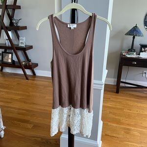 Umgee Taupe and Lace Slip Tunic Tank Top